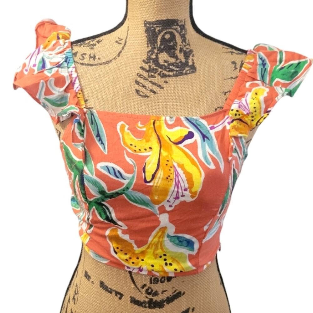 Rachel Roy orange crop top, size XS, floral tropical print, ruffls, square neck